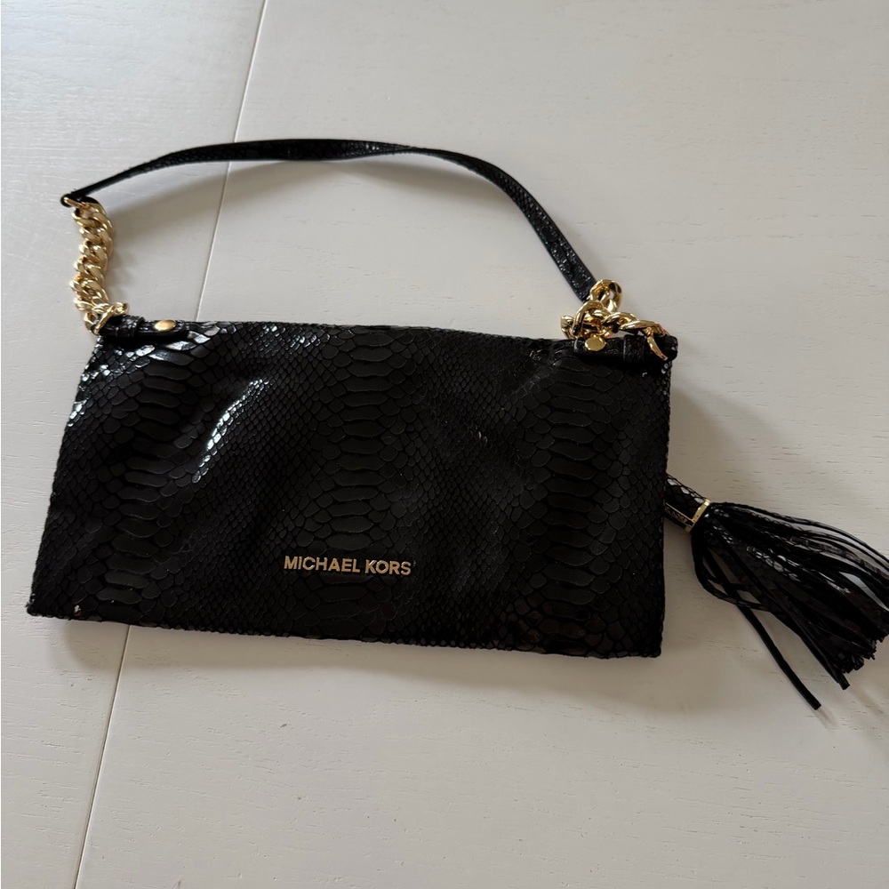 Michael Kors Black Snake-Embossed Clutch with Gold Chain